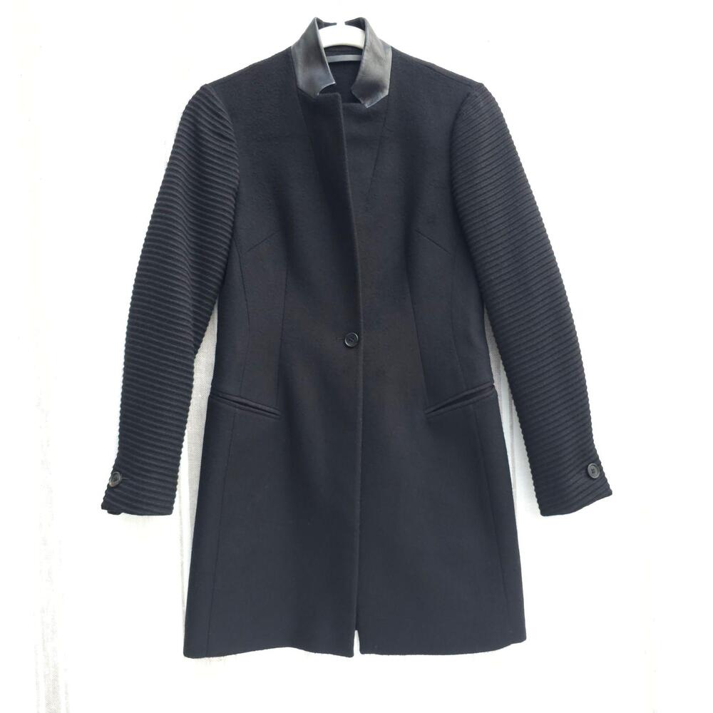 All Saints Valley Coat Womens 0 XS Black Wool Leather Collar Tailored Goth Witch